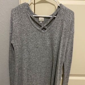 Long Sleeve Grey T-Shirt with Criss Cross Front